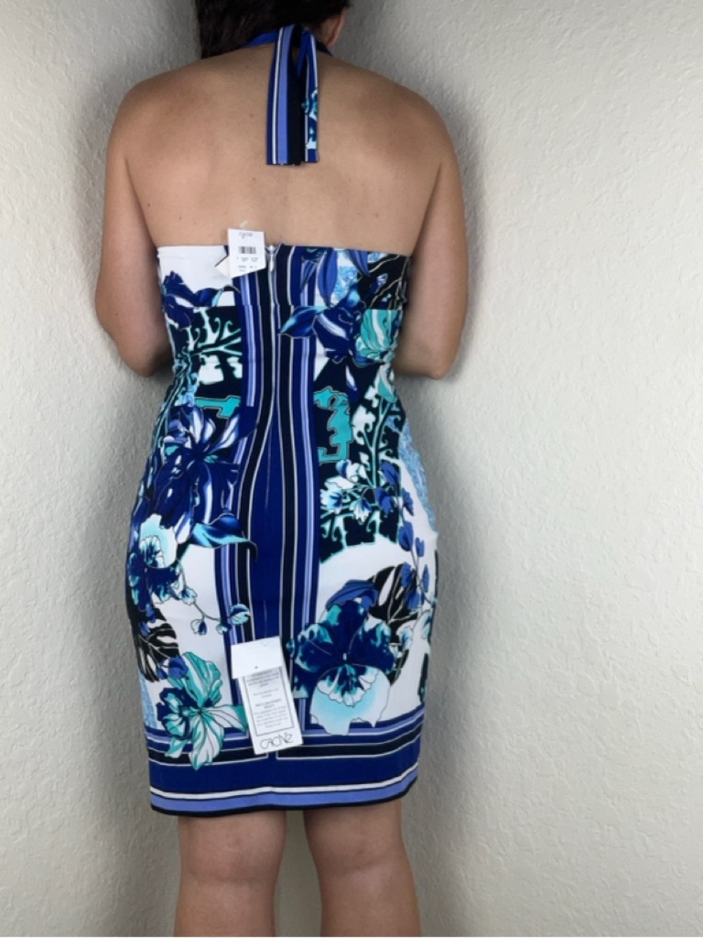 Cache Blue Paisley Halter Mini Dress Size 4 Bodycon Lined Built-In Bra NEW - Picture 5 of 10